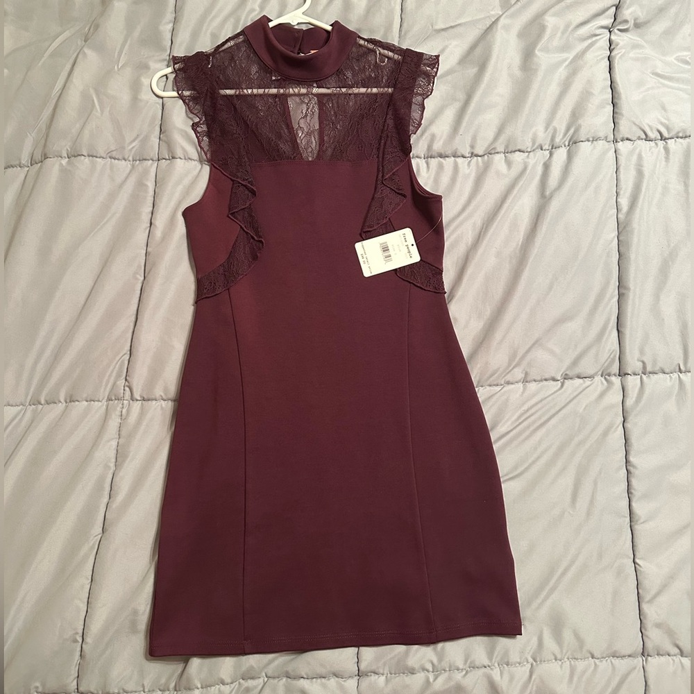 NWT Free People Beaumont Muse Lace Detail Dress Sz S Plum Mock Neck Ruffle 6503 - Picture 3 of 3